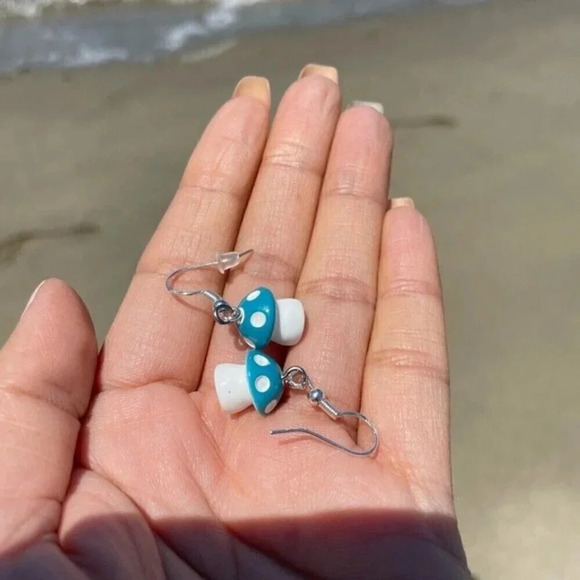 Handmade Blue Mushroom Earrings Cute Dangle Jewelry Trendy Gift - Picture 3 of 3